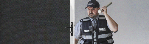 Tony Security Guard behind security screen door with flashlight turning on and off