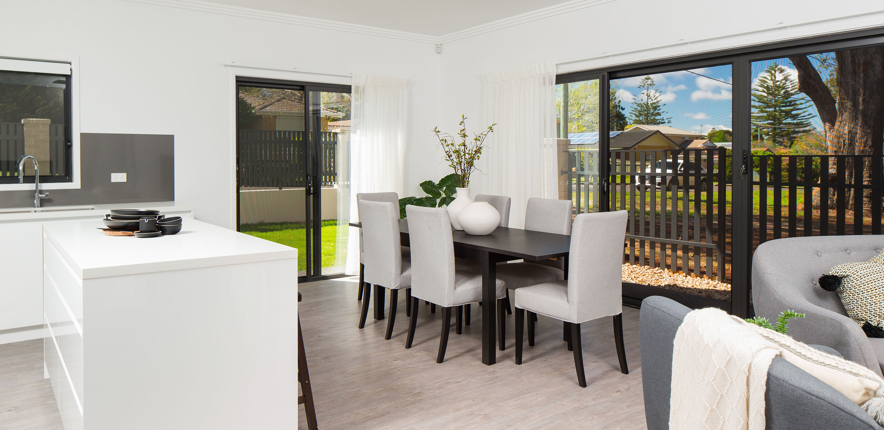 ForceField sliding security door screens and fixed security window screen overlooking park